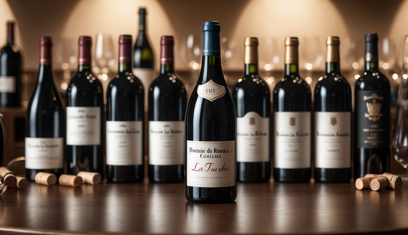 A collection of nine premium wine bottles arranged on a wooden table with soft lighting, featuring a central bottle of Domaine de la Romanée-Conti La Tâche 2018 surrounded by other fine wines.
