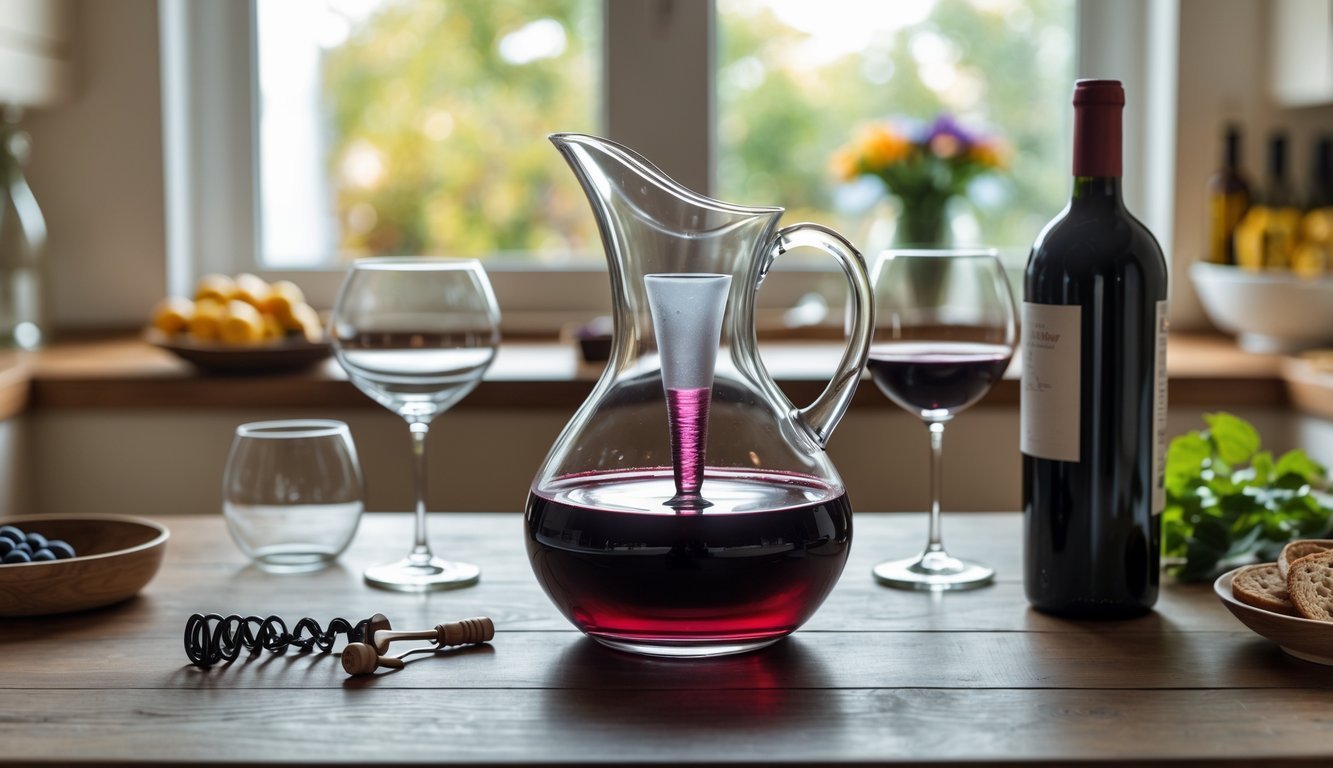 A glass pitcher filled with red wine on a wooden table next to wine glasses and an opened wine bottle in a cozy kitchen.