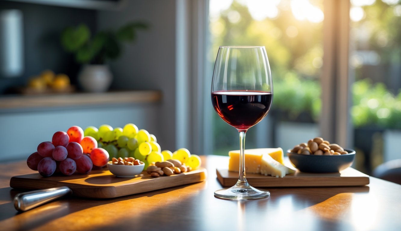 A glass of red wine on a wooden table with grapes, nuts, and cheese in a bright kitchen setting.