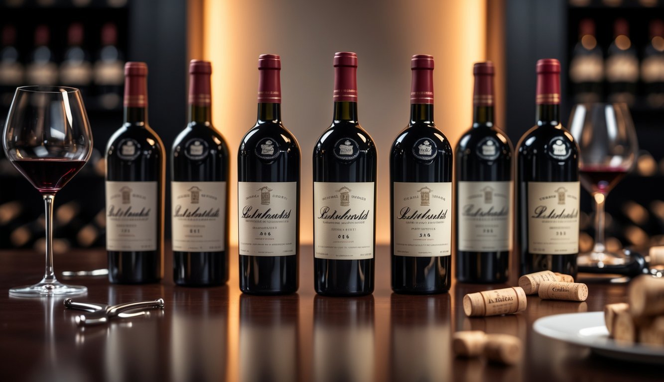 Several bottles of Château Lafite Rothschild 2016 wine arranged on a wooden surface with a glass of red wine and wine accessories nearby.