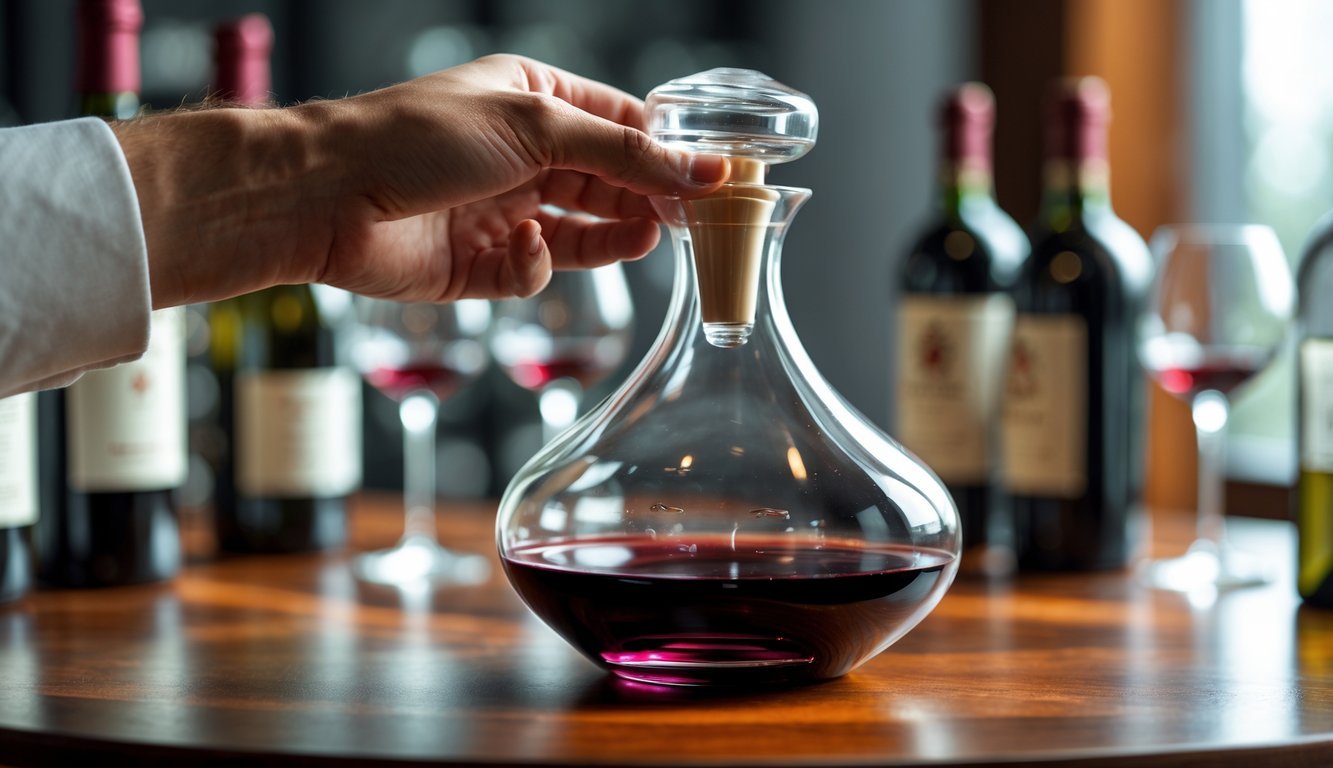 A hand placing a stopper on a glass wine decanter filled with red wine on a wooden table, with wine bottles and glasses blurred in the background.