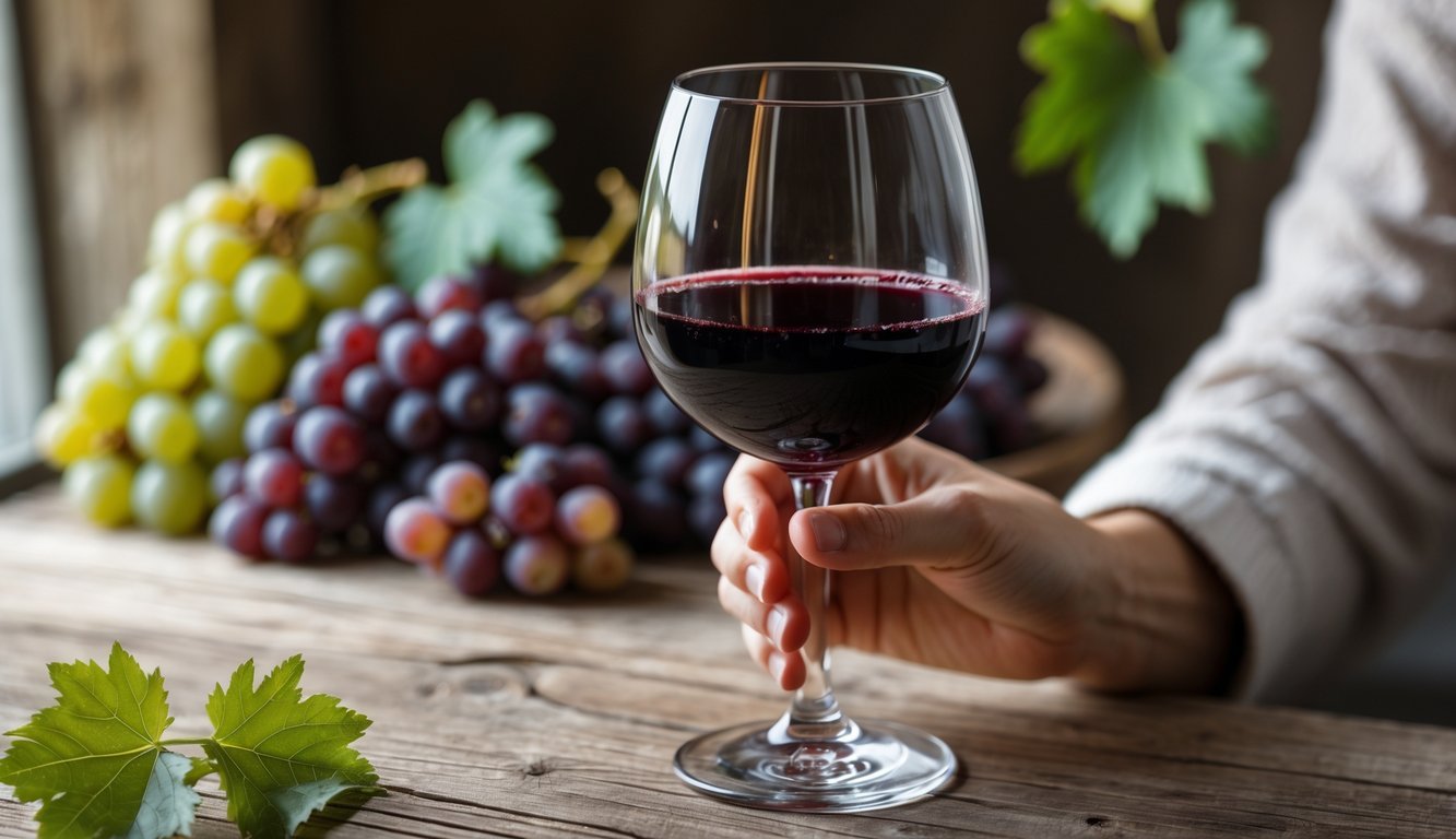 Close-up of a glass of red wine held by a person with grapes and grape leaves on a wooden table in the background.