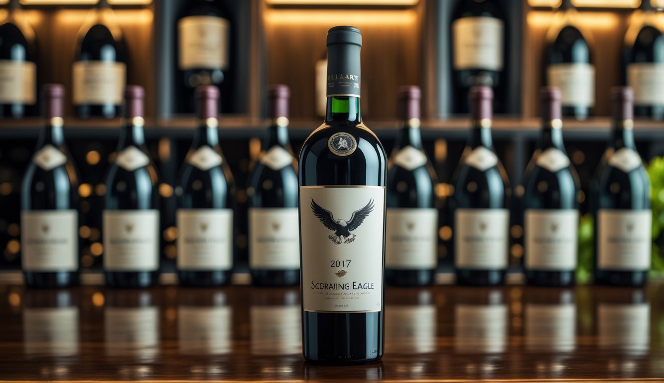 A bottle of Screaming Eagle Cabernet Sauvignon 2017 on a wooden table with eight other wine bottles in the background in a wine cellar setting.