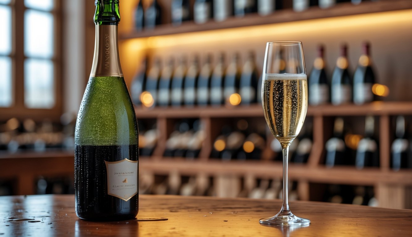 A sparkling wine bottle and a filled flute glass with bubbles on a wooden table in a wine cellar setting.