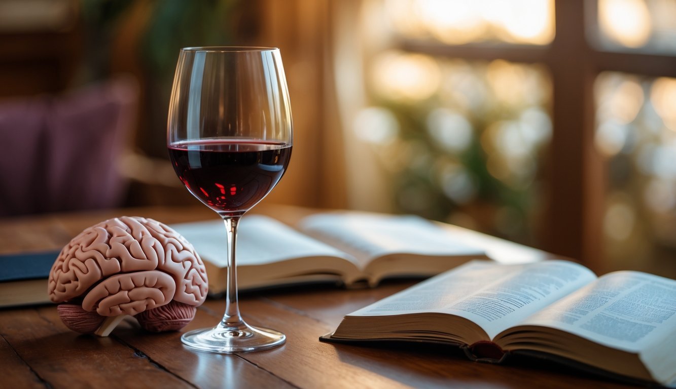 A glass of red wine on a wooden table with a blurred background and a brain model nearby.