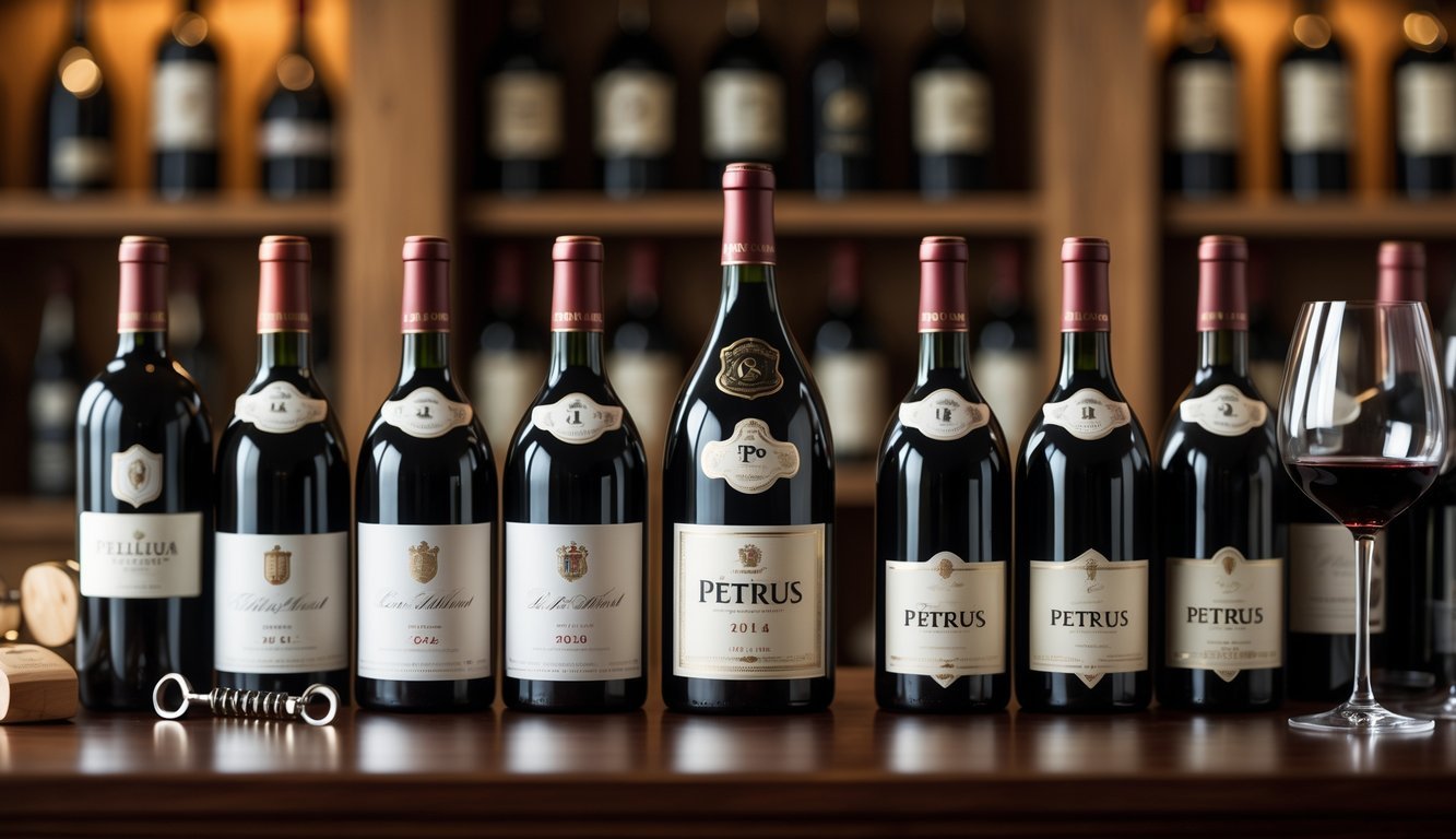 Nine premium wine bottles including a bottle of Pétrus 2014 arranged on a wooden surface with a wine glass and corkscrew nearby.