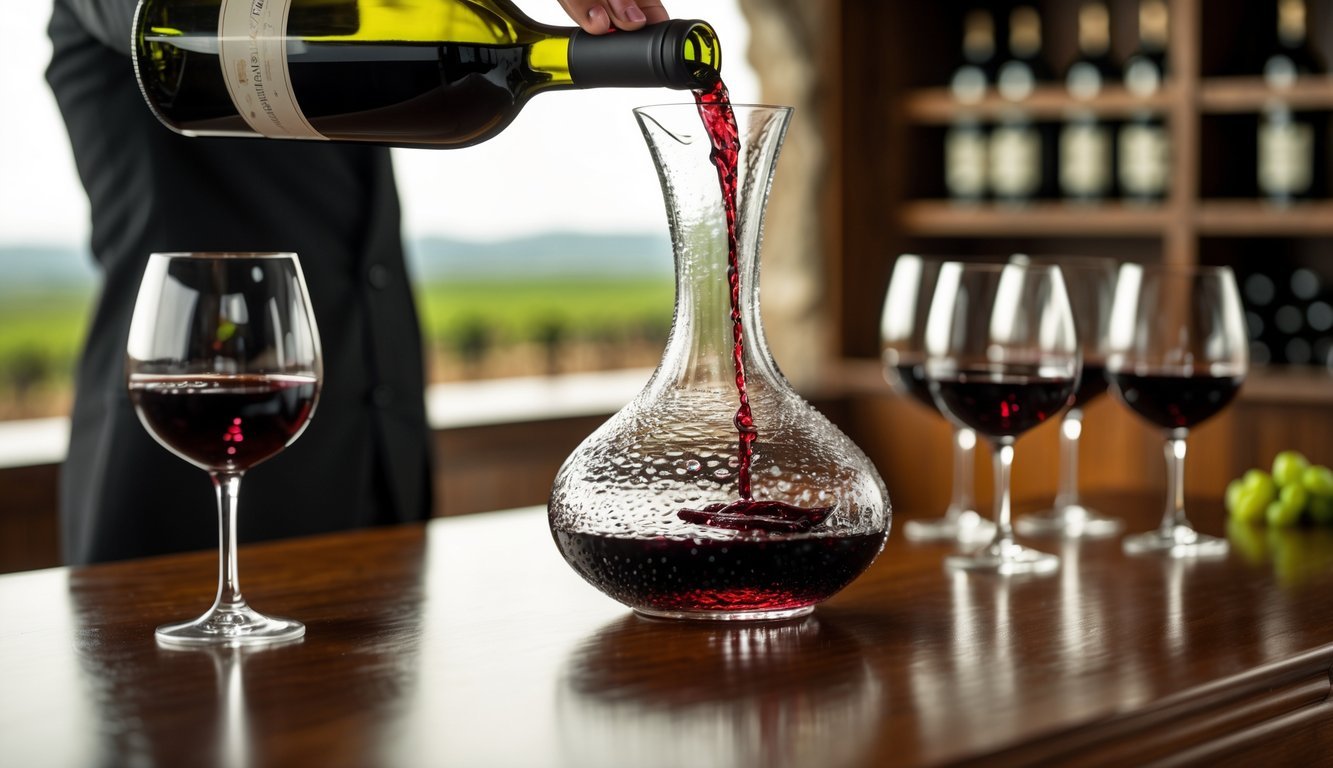 A hand pouring red wine from a bottle into a glass decanter on a wooden table with wine glasses nearby.