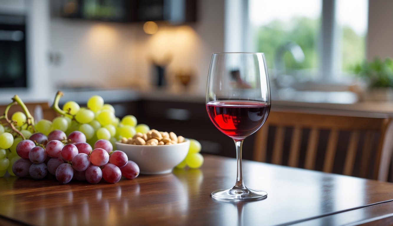 A glass of red wine on a wooden table with grapes and nuts nearby in a softly lit kitchen setting.