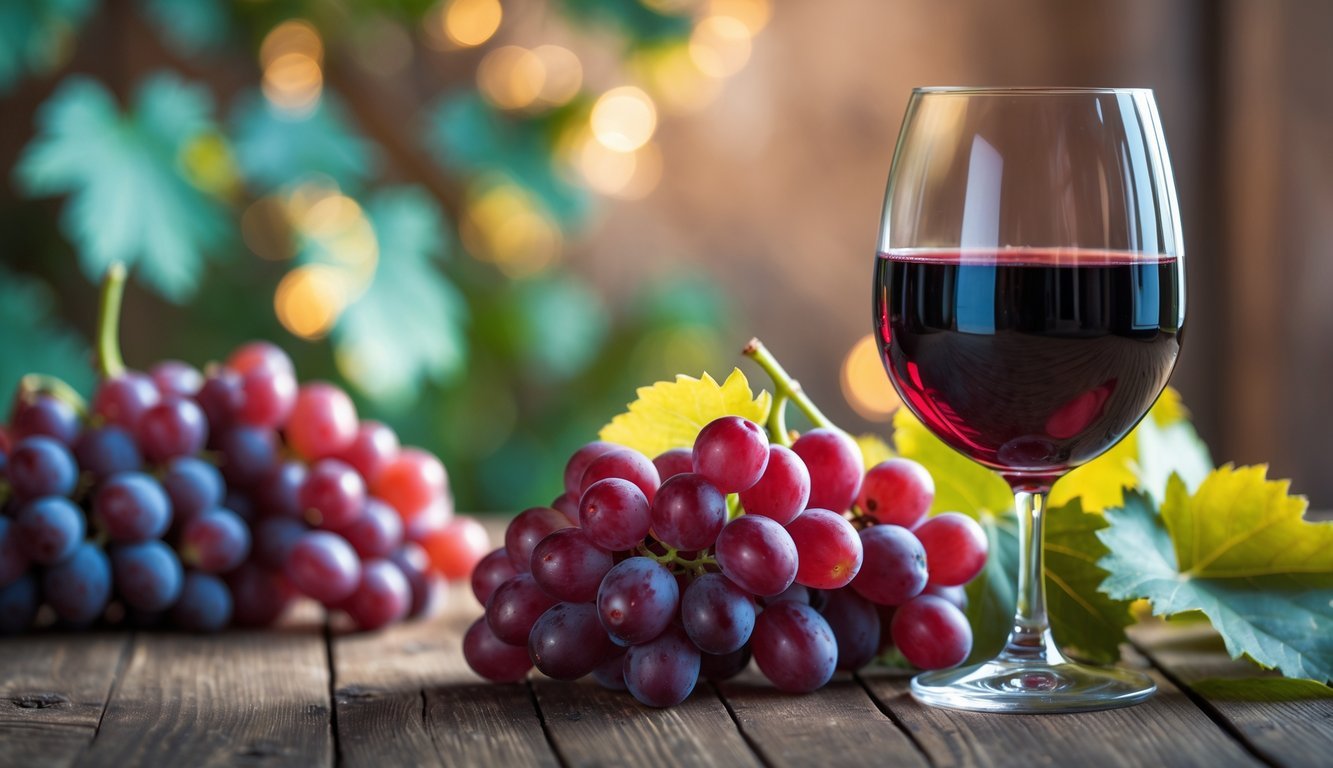 A glass of red wine on a wooden table surrounded by grapes and grape leaves.