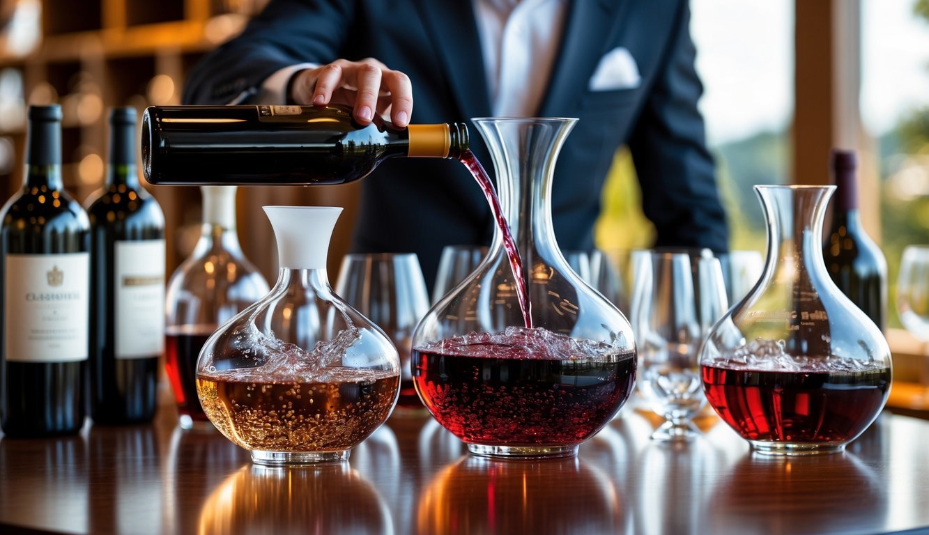 A person pouring red wine into a glass decanter on a wooden table with wine bottles and glasses in the background.