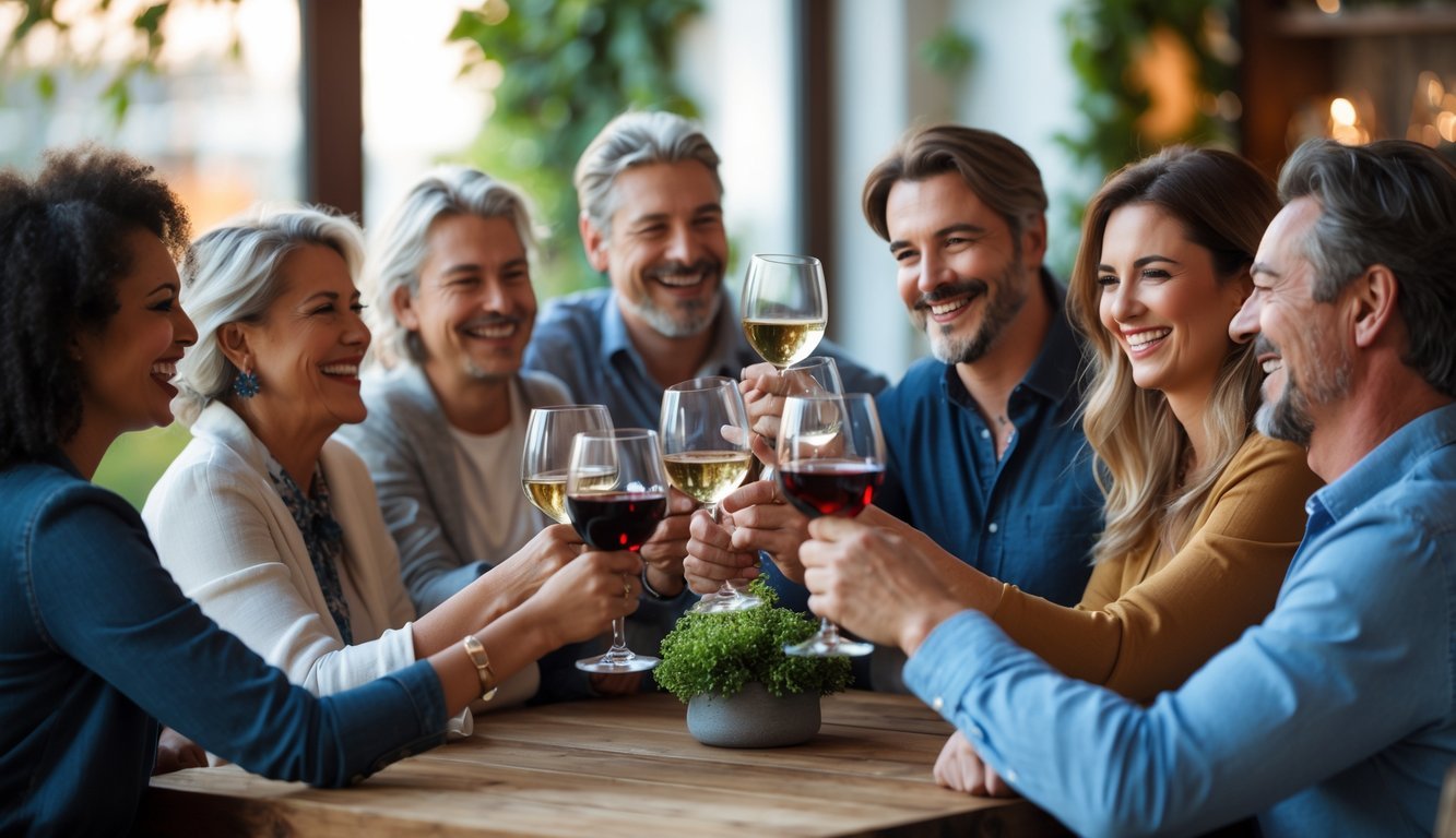 A group of adults smiling and toasting with glasses of wine around a table in a social gathering.