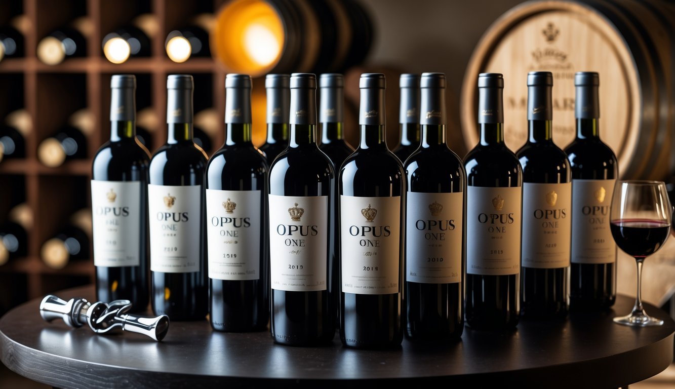 Nine bottles of Opus One 2019 wine arranged on a wooden table with a wine glass and corkscrew, set against a blurred wine cellar background.