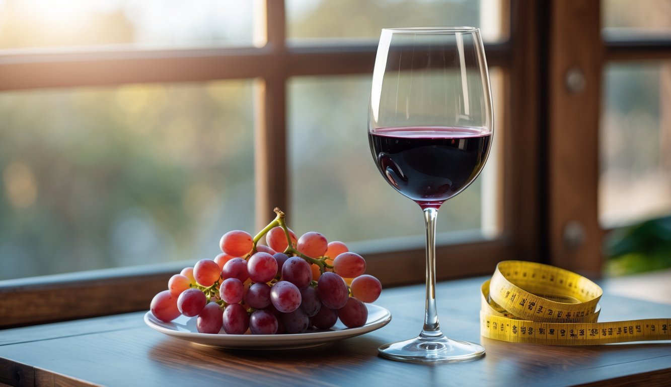 A glass of red wine on a wooden table next to grapes and a measuring tape, with soft natural light coming through a window.
