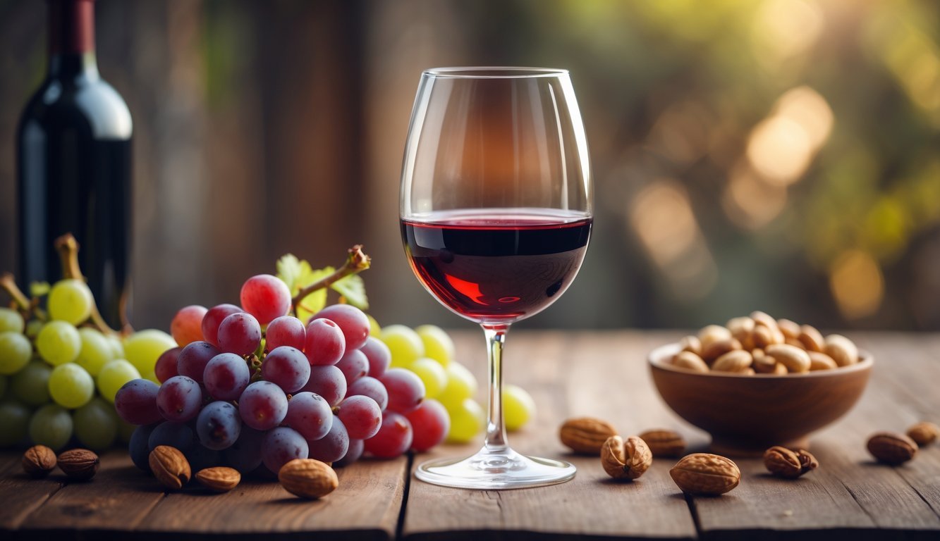 A glass of red wine on a wooden table with grapes and nuts nearby.