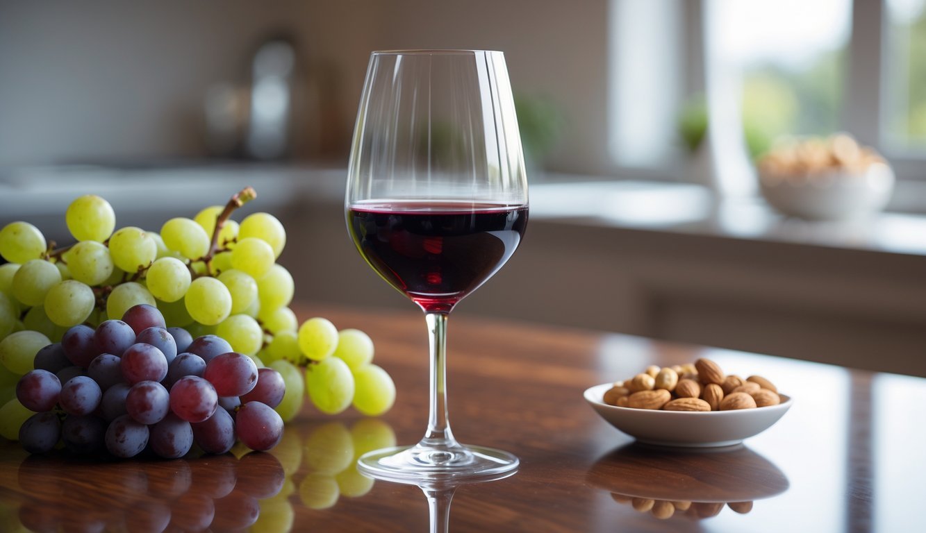 A glass of red wine on a wooden table with fresh grapes and a bowl of nuts nearby.