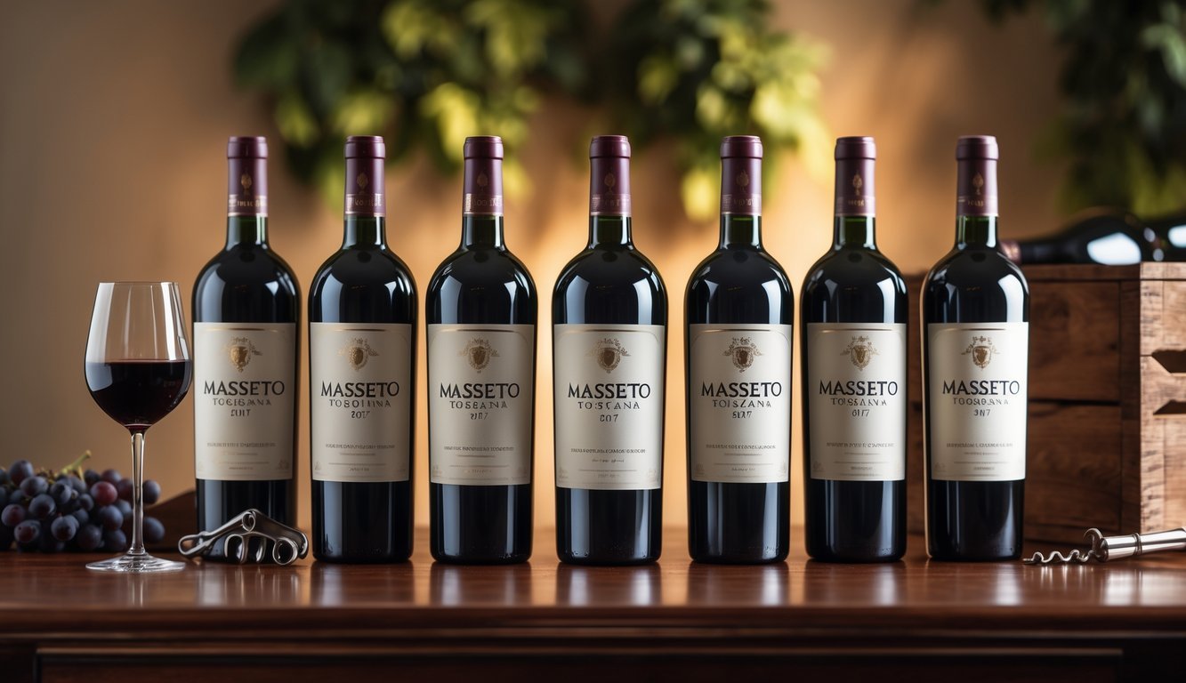 Nine bottles of Masseto Toscana 2017 wine arranged on a wooden table with a wine glass, corkscrew, and a wine crate in the background.