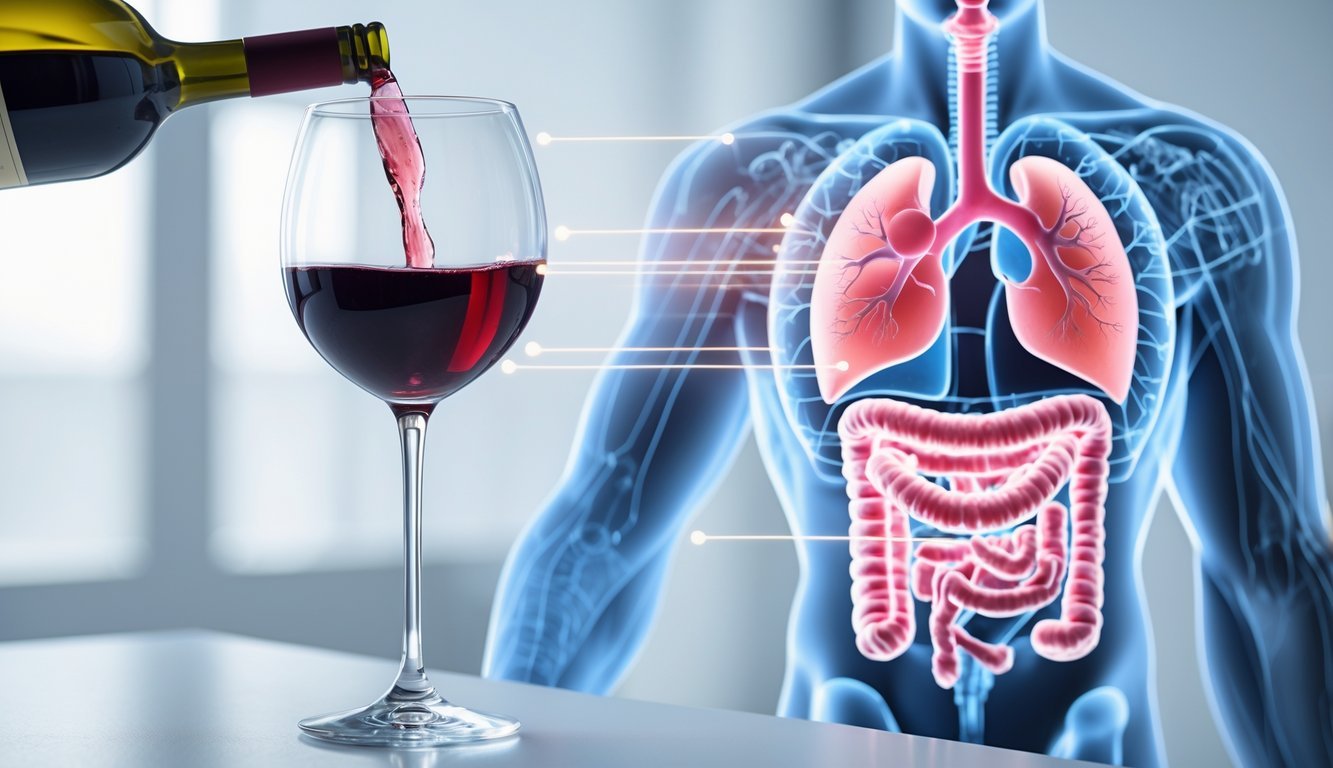 A glass of red wine with semi-transparent illustrations of a human body showing the heart, brain, and digestive system connected by glowing lines.