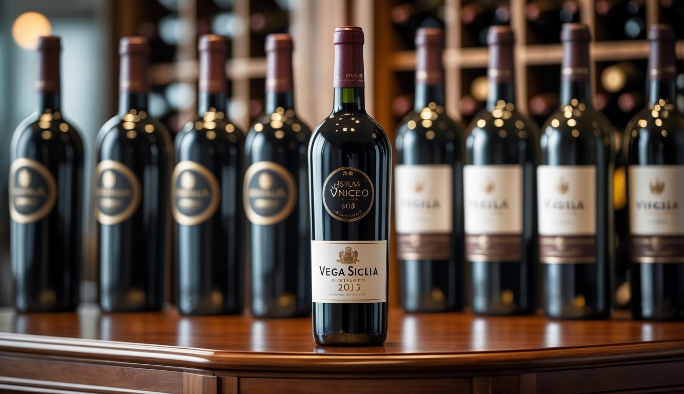 A collection of nine premium wine bottles with one bottle of Vega Sicilia Único 2013 prominently displayed among them on a wooden surface.