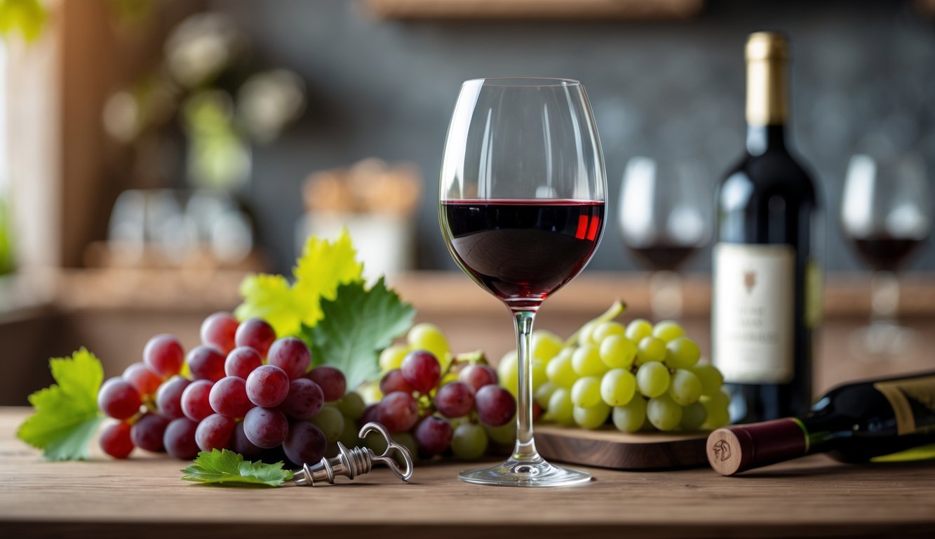 Close-up of a glass of red wine on a wooden table with grapes and wine accessories in a cozy kitchen setting.