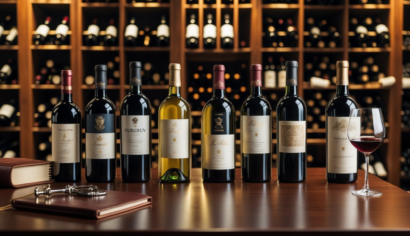Nine bottles of premium wine arranged on a wooden table in a softly lit wine cellar with wine racks and wine accessories nearby.
