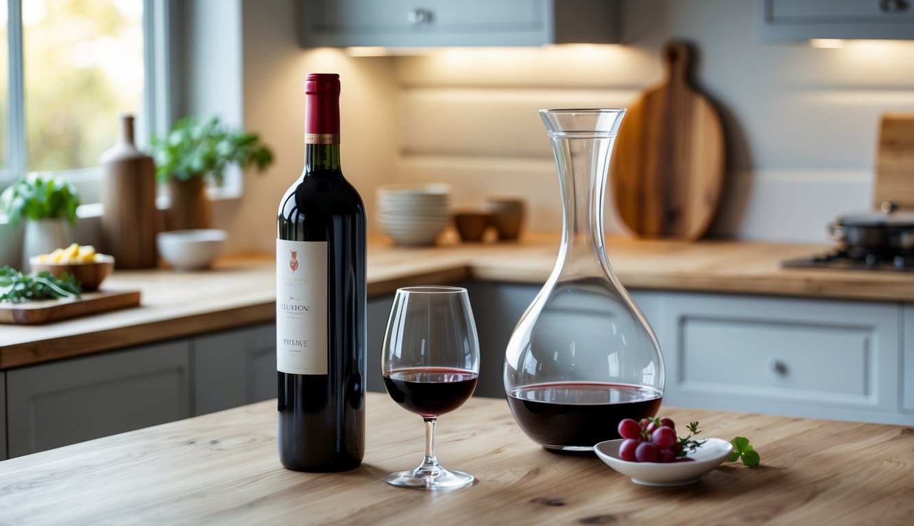 A bottle of red wine next to a glass decanter and an empty wine glass on a wooden countertop in a kitchen setting.