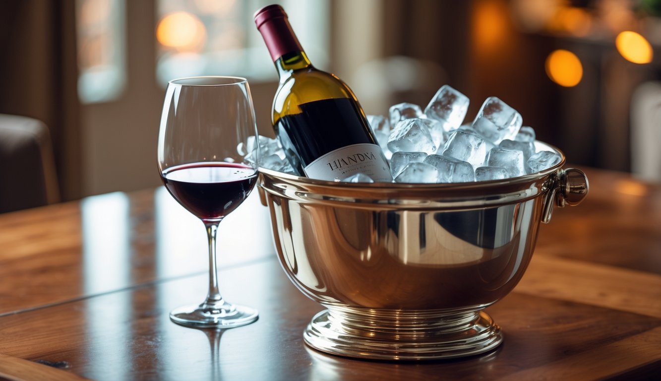 A chilled bottle of red wine in an ice bucket with a glass of red wine on a wooden table.