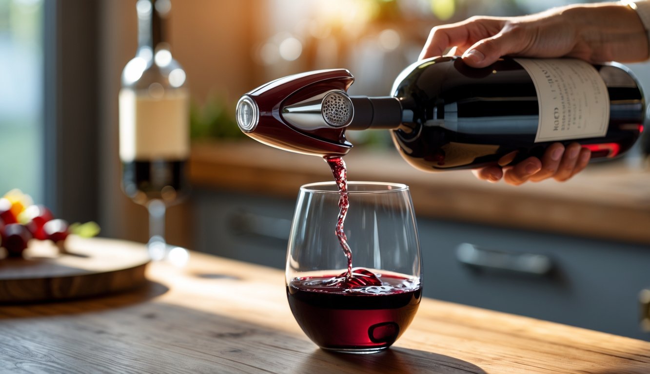 A person pouring red wine through a wine aerator into a glass on a wooden table.