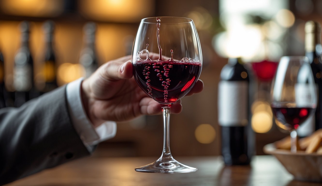 Close-up of a hand holding a glass of red wine showing the wine legs inside the glass with a blurred background.