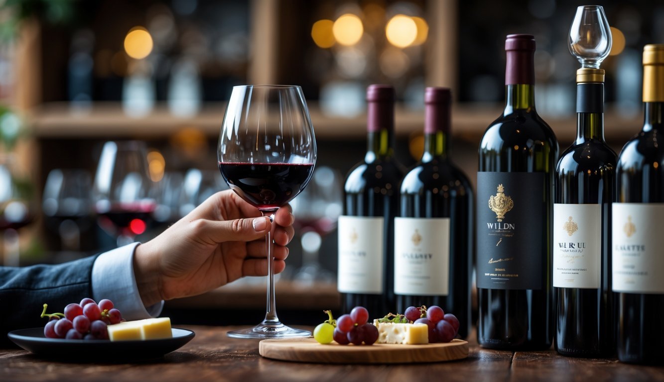 A hand holding a glass of red wine over a wooden table with wine bottles, a decanter, and a plate of cheese and grapes in a wine bar setting.