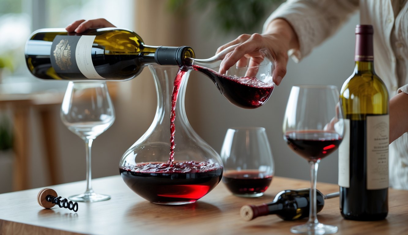 Person pouring red wine from a bottle into a glass decanter on a wooden table with wine glasses nearby.