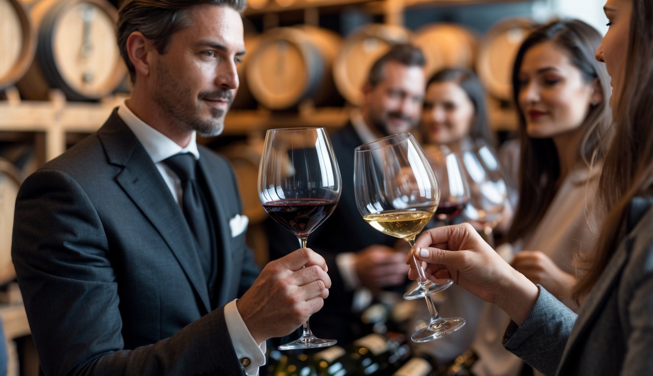 People in a wine tasting room examining and savoring wine glasses during different stages of tasting.