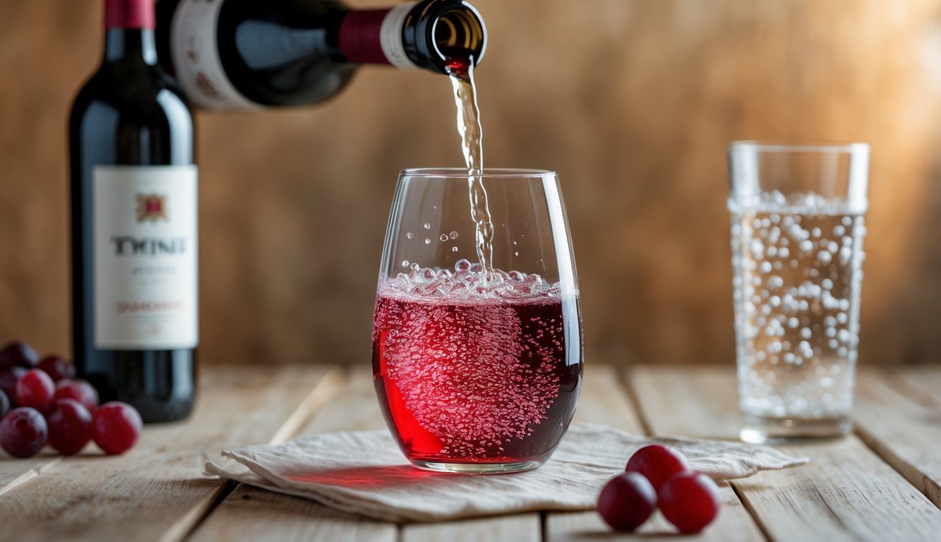 A glass of red wine with soda being poured into it, creating bubbles, on a wooden table with a bottle of red wine and soda in the background.