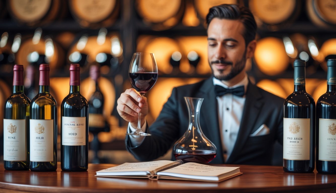 A person examining a glass of red wine with vintage wine bottles and a notebook on a wooden table in a wine tasting room.