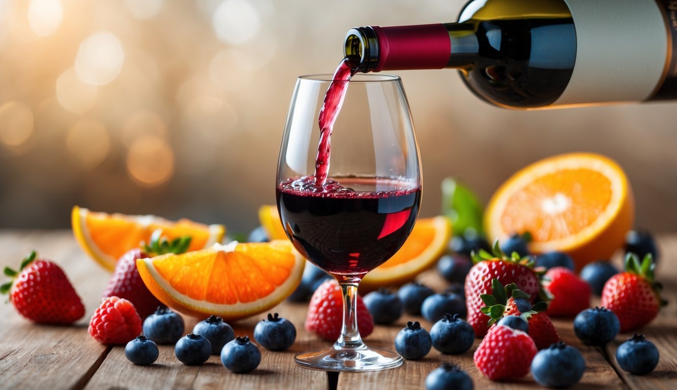 A glass of red wine being poured next to fresh orange slices and assorted berries on a wooden table.