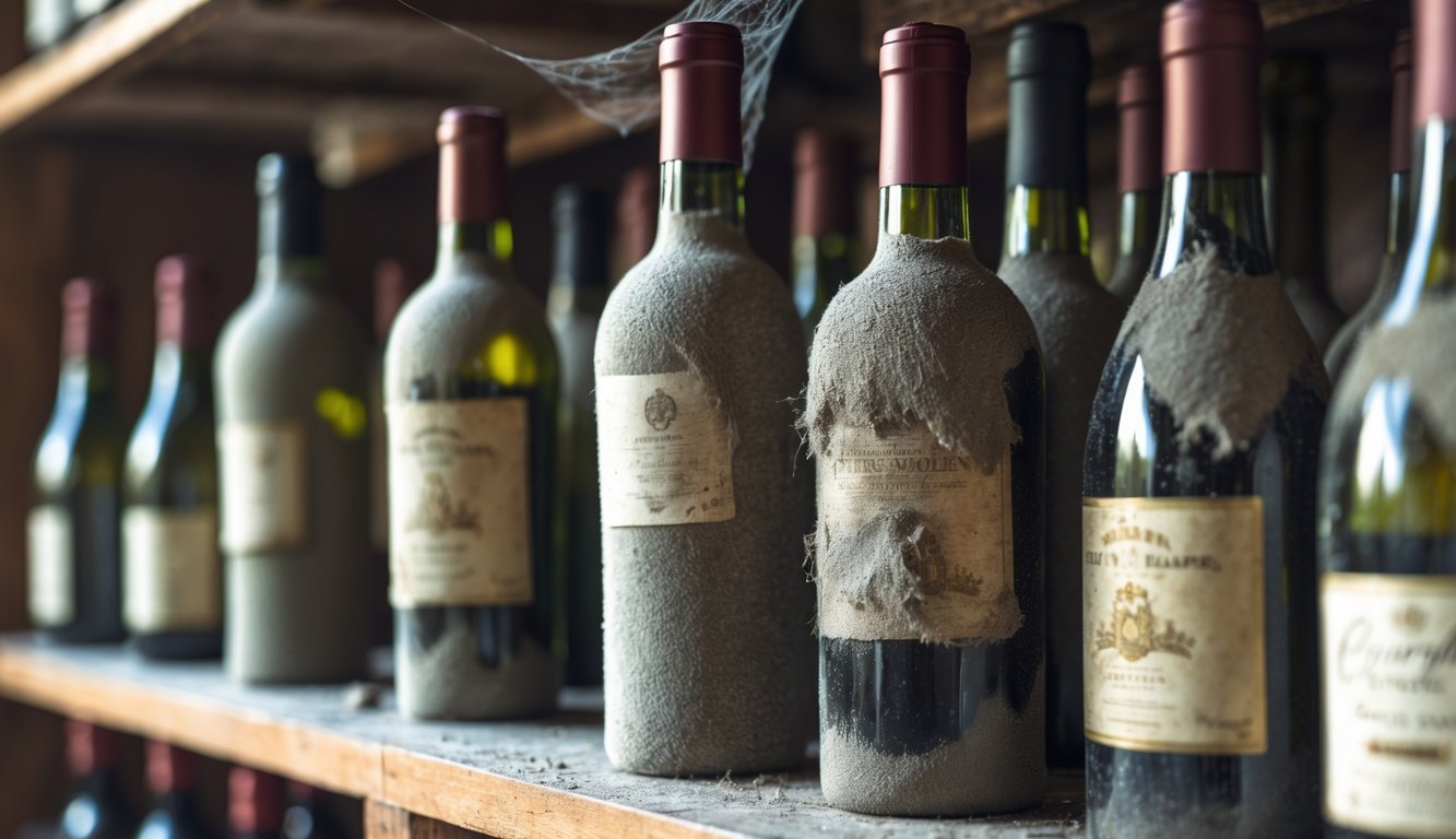 Close-up of dusty wine bottles on a wooden shelf showing signs of poor storage.