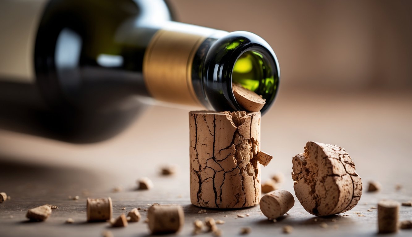 Close-up of a dry, crumbling wine cork partially removed from a dark wine bottle.