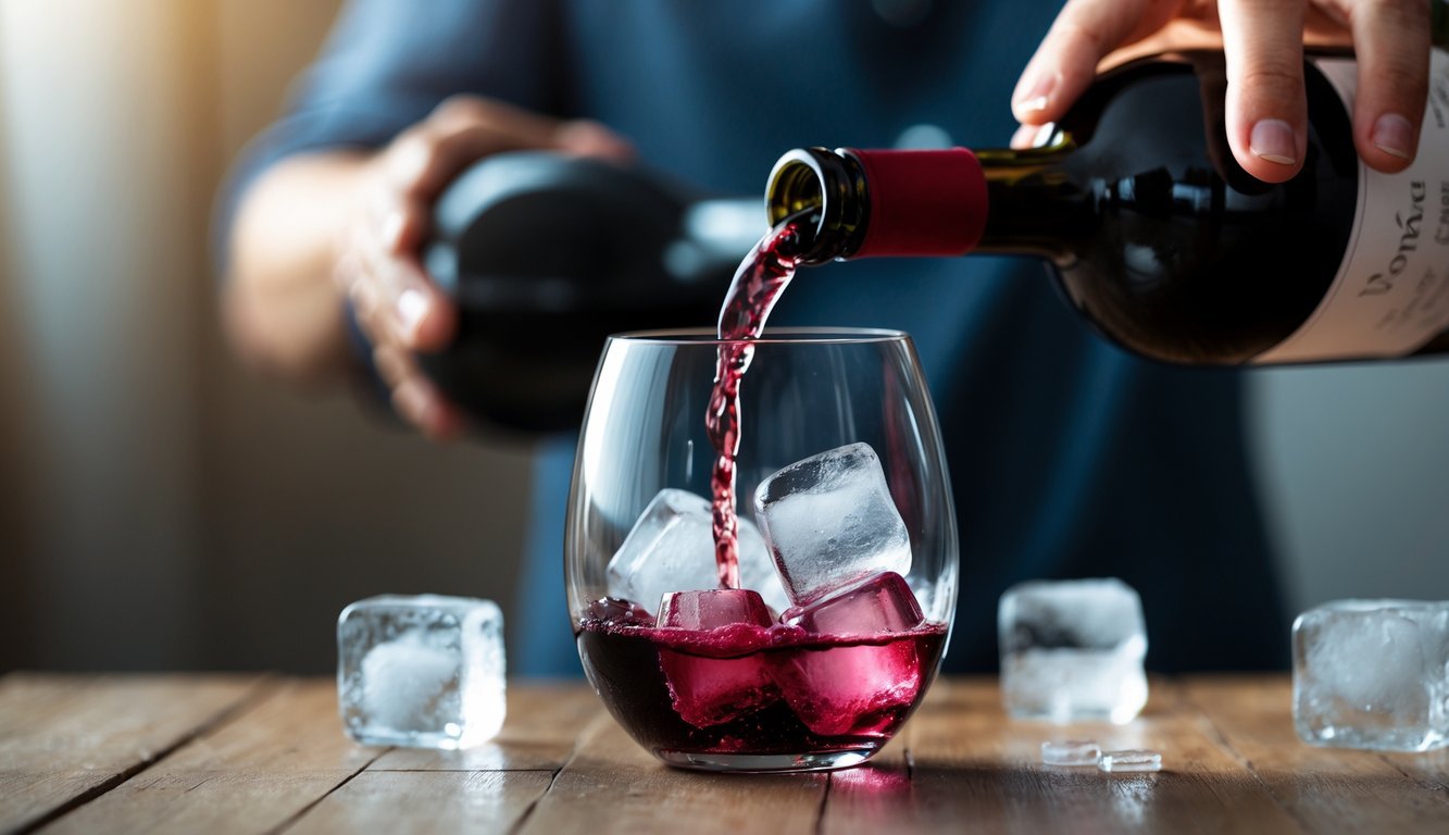 A hand pouring red wine over ice cubes in a clear glass on a wooden table.