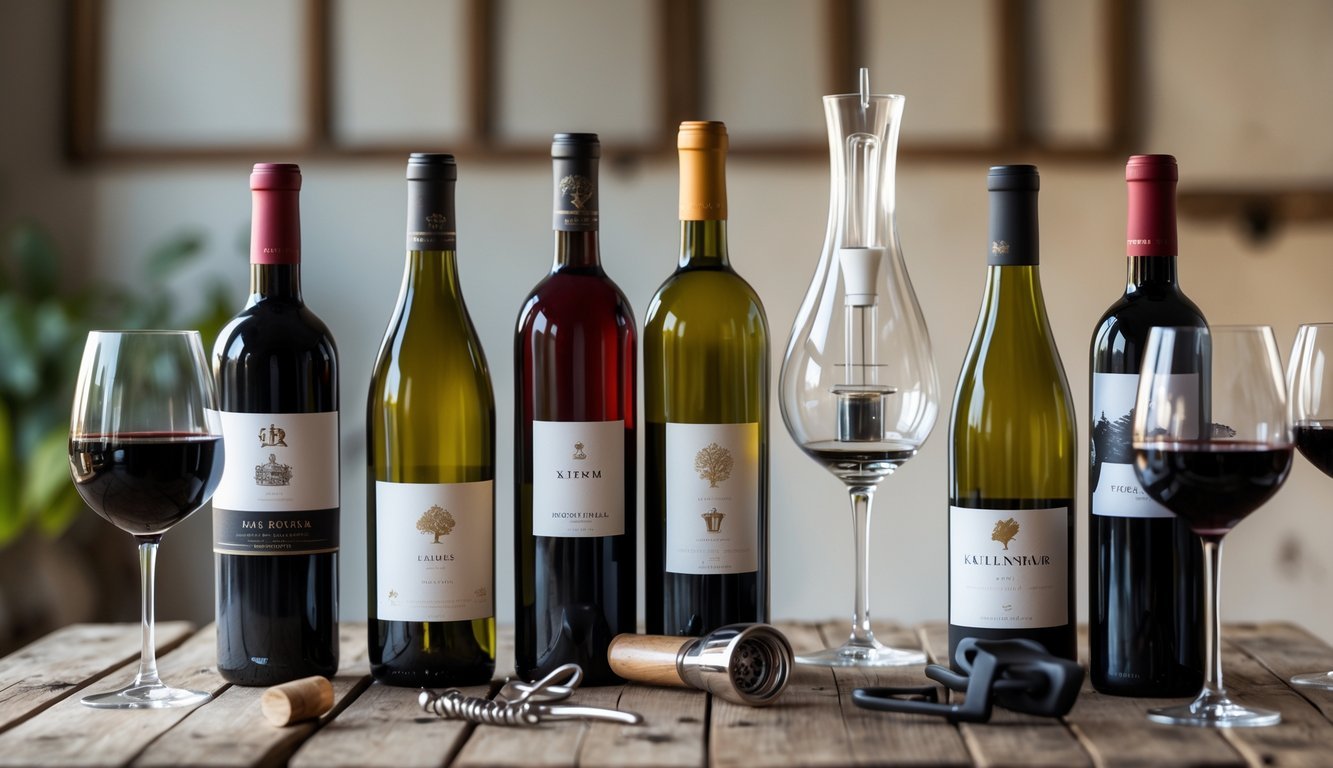 A variety of wine bottles and wine accessories arranged on a wooden table with glasses of red and white wine.