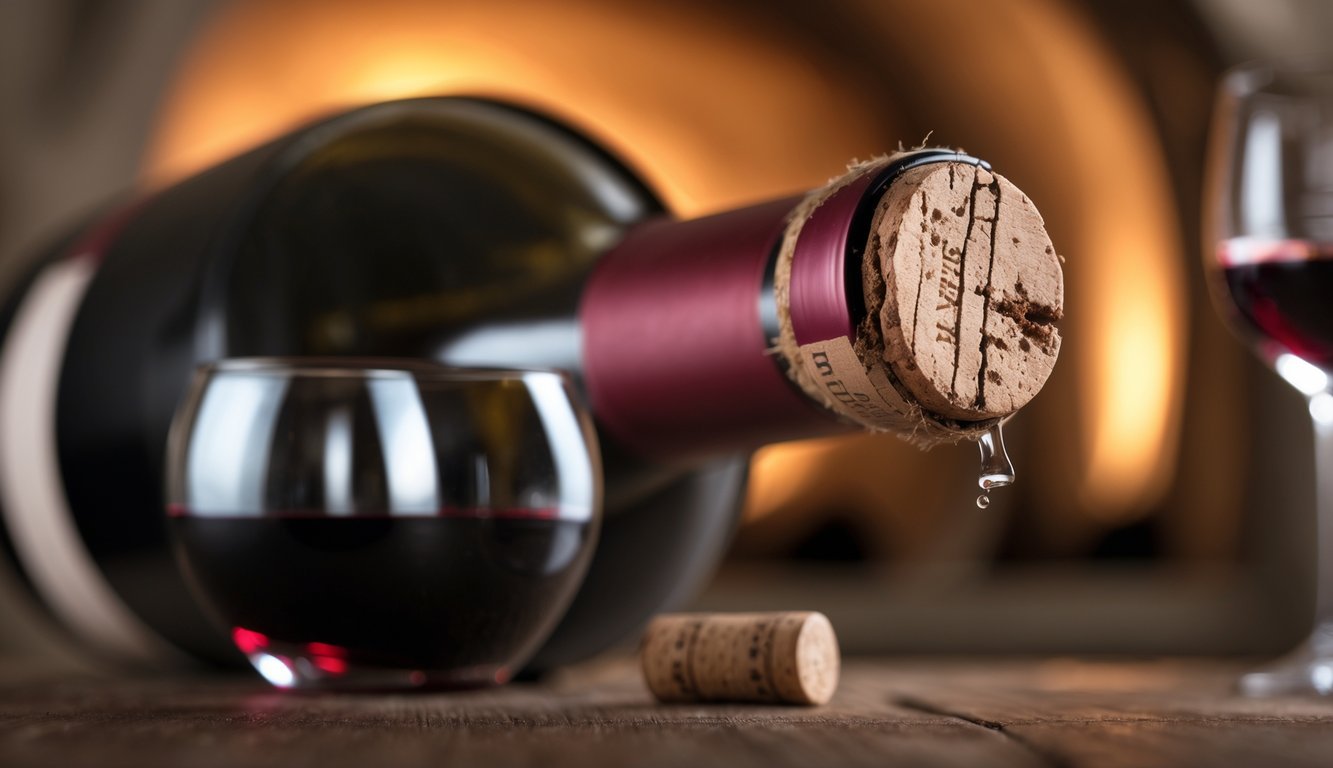 Close-up of a wine bottle with a cork slightly sticking out, placed on a wooden table with a glass of red wine nearby.