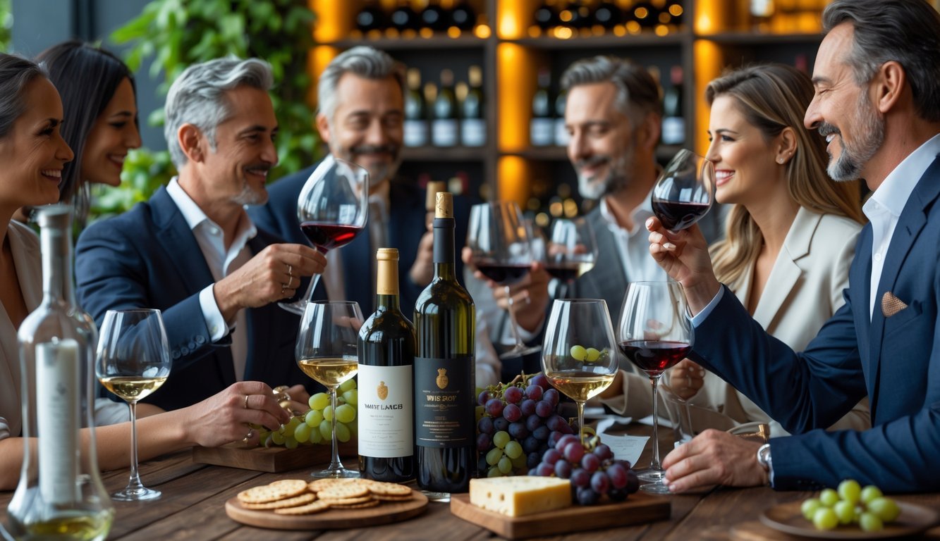 A group of people tasting wine around a table with wine glasses, bottles, and a cheese platter in a modern wine bar.