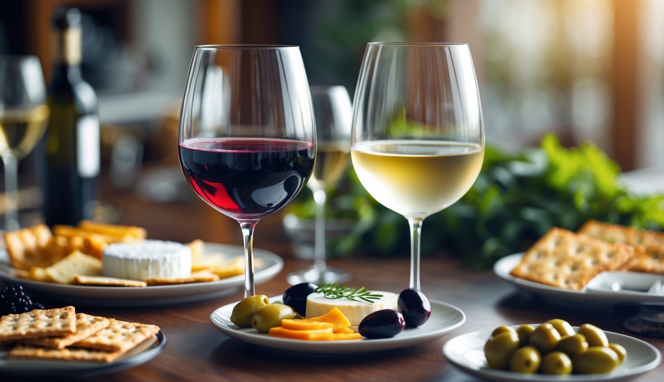 A dining table with two glasses of red and white wine paired with small plates of cheese, olives, and crackers.