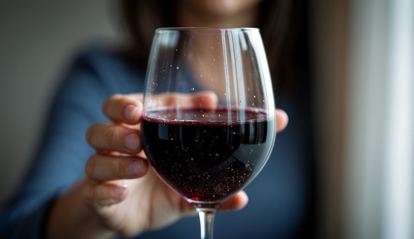 Close-up of a glass of red wine with visible floating particles inside, held by a person.