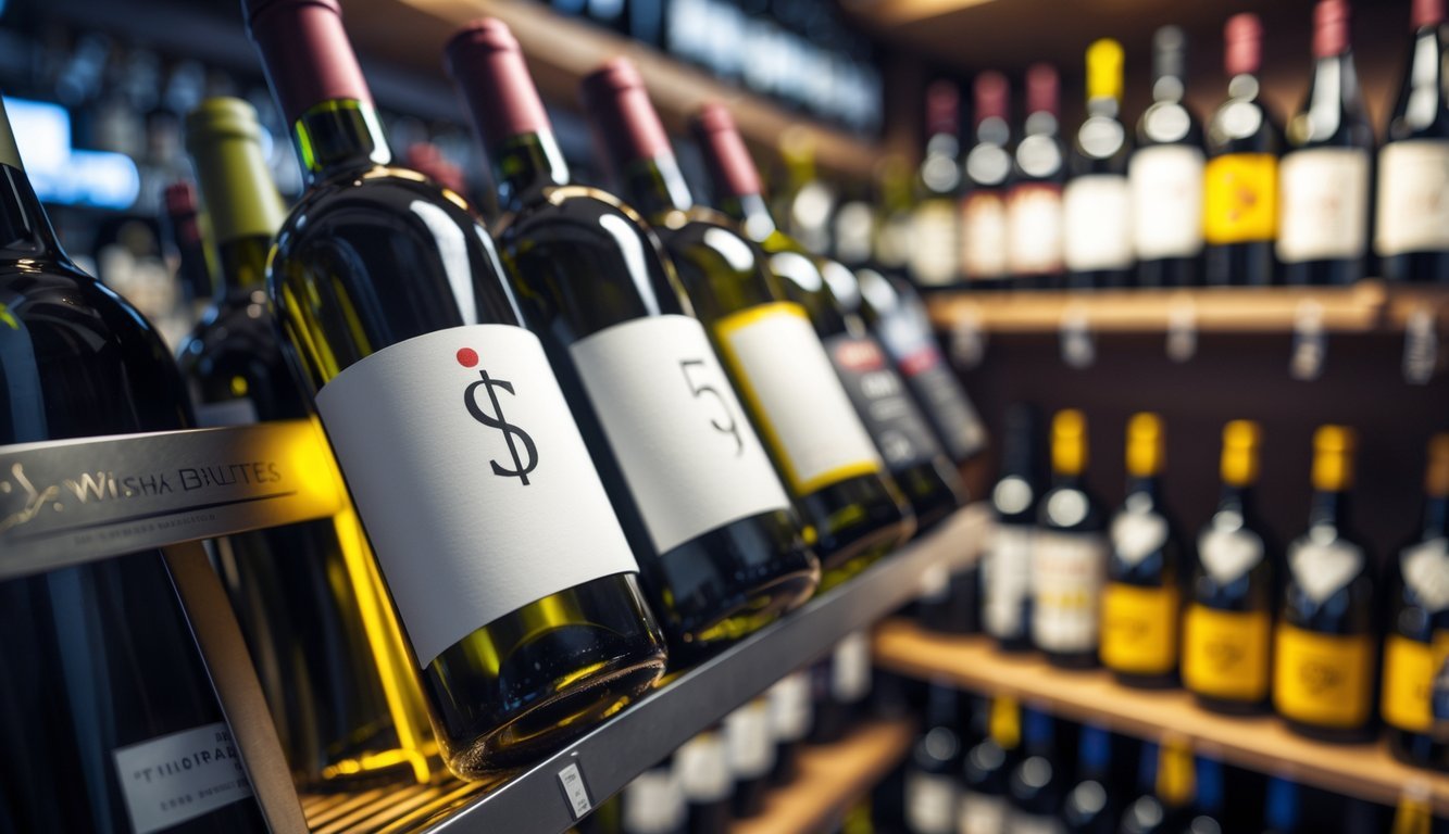 Close-up of a wine bottle with a noticeably low price tag on a shelf in a wine store with other bottles around it.