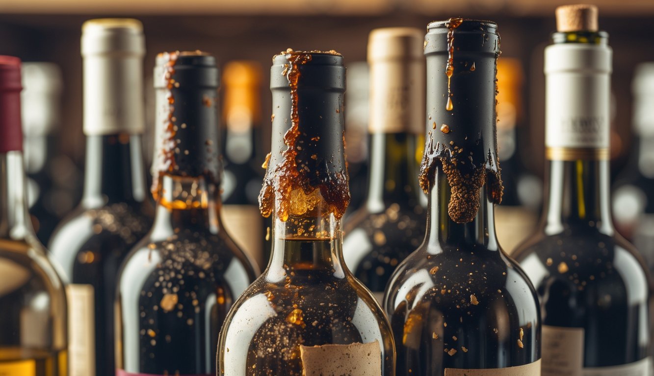 Several wine bottles with sticky residue on their necks arranged on a wooden surface.