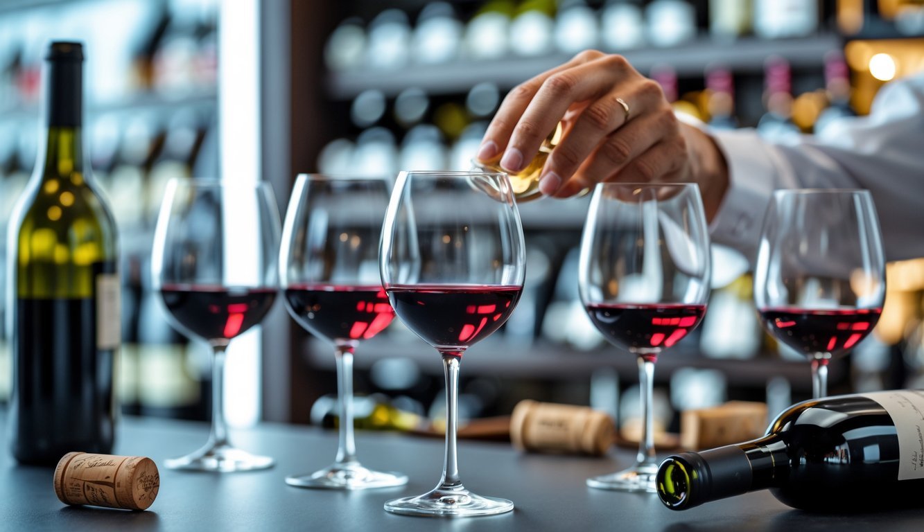 A person examining red wine in a glass at a table with wine bottles and glasses, highlighting wine quality evaluation.