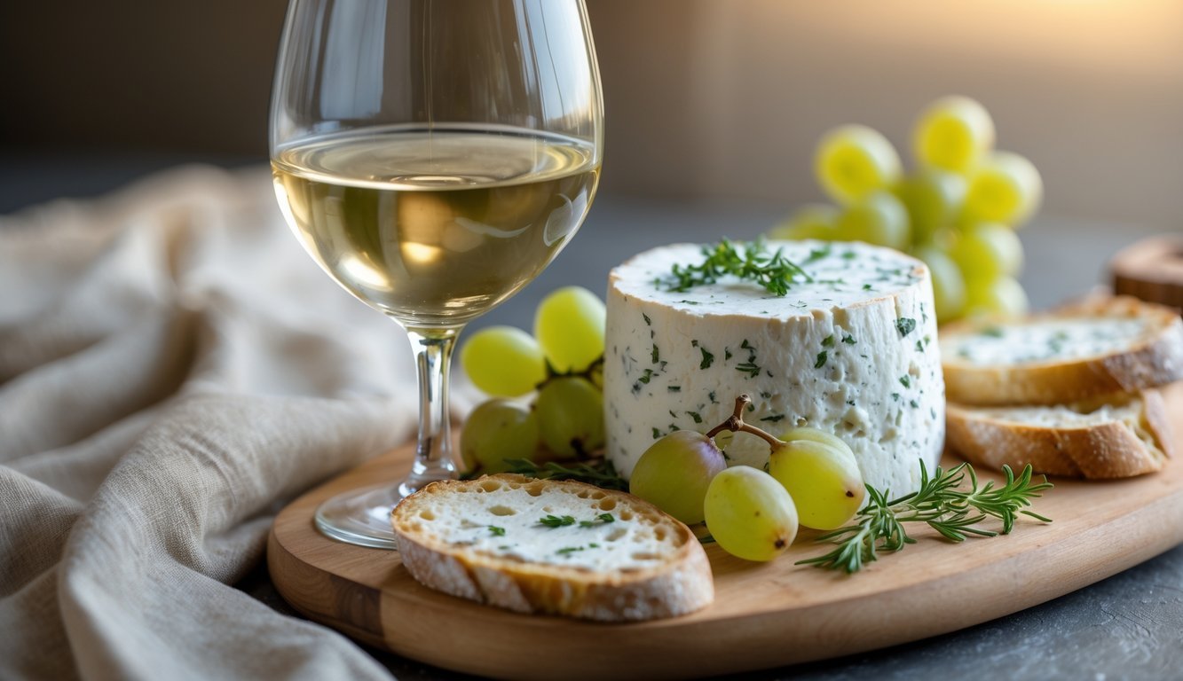 A glass of Sauvignon Blanc wine next to a wooden board with goat cheese, herbs, bread slices, and grapes.