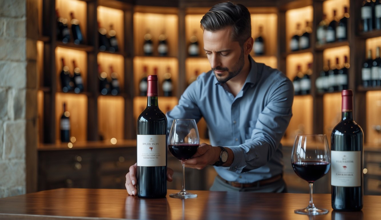 A person inspecting a bottle of red wine in a wine shop with shelves of wine bottles in the background.
