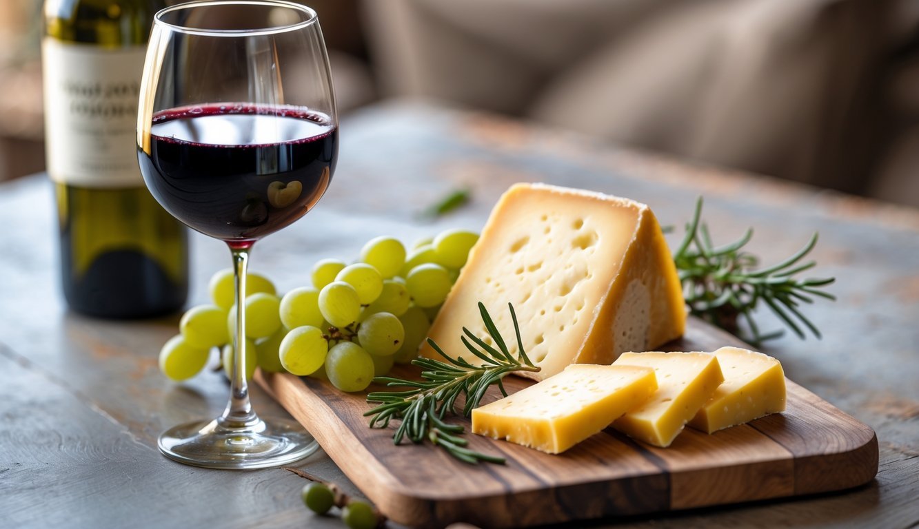 A glass of red wine next to a wooden board with slices of Gruyère cheese, grapes, and a sprig of rosemary on a table.