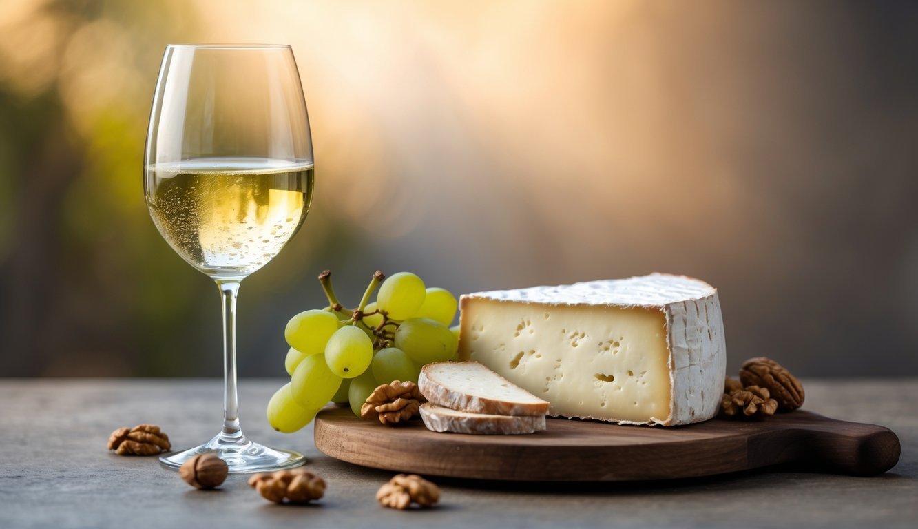 A glass of Chardonnay wine next to a wedge of Brie cheese on a wooden board with grapes, bread, and walnuts.