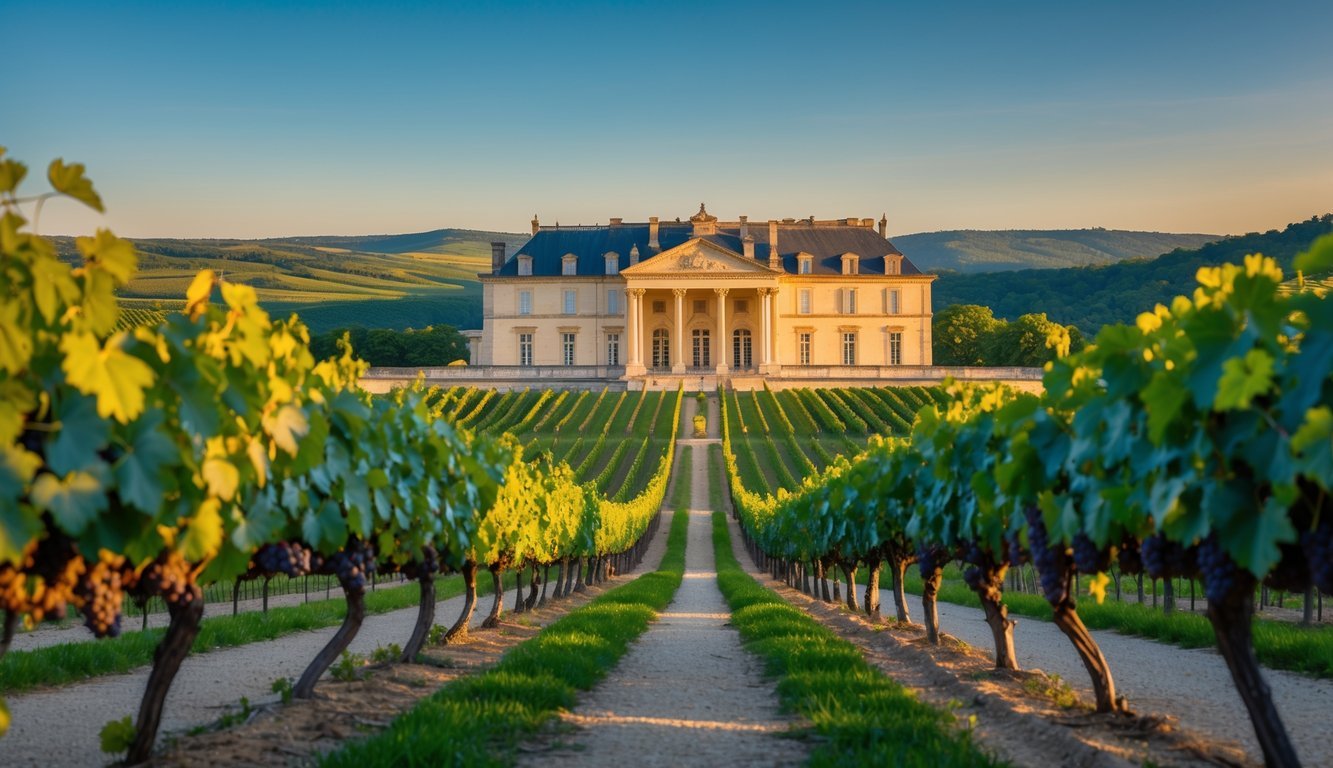 The grand Château Margaux winery building surrounded by rows of grapevines under a clear sky in Bordeaux, France.